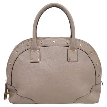 Pre Owned MCM Beige Leather Studded Alma Top Handle Dome Bag
