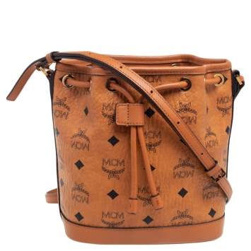 Pre Owned MCM Cognac Visetos Coated Canvas Heritage Drawstring Bucket Bag