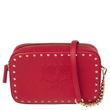 Pre Owned MCM Red Leather Chanswell Studded Camera Bag