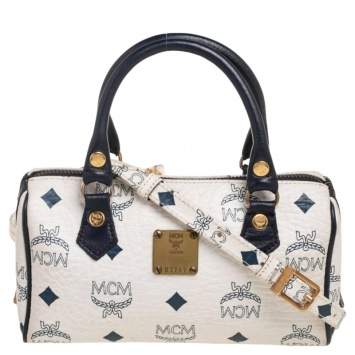 Pre Owned MCM White/Blue Visetos Leather Mini Heritage Crossbody Bag
