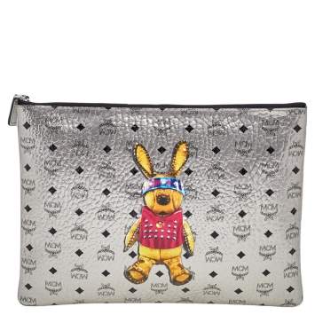 Pre Owned MCM Metallic Silver Rabbit Print Coated Canvas Flat Pouch