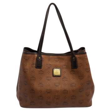 Pre Owned MCM Cognac Visetos Coated Canvas and Leather Shopper Tote