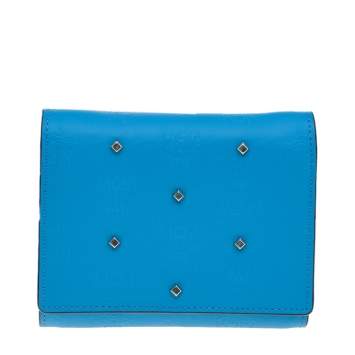 Pre Owned MCM Blue Coated Canvas Studded Claudia Trifold Wallet