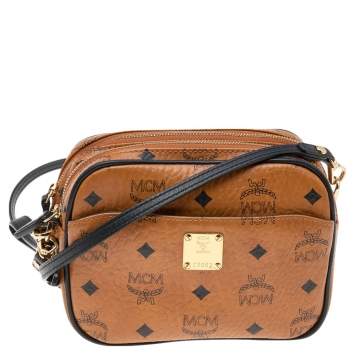 Pre Owned MCM Tan Visetos Coated Canvas And Leather Double Zip Camera Crossbody Bag