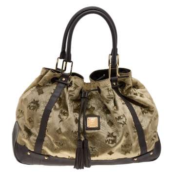 Pre Owned MCM Brown Visetos Velvet And Leather Drawstring Shoulder Bag