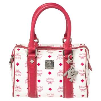 Pre Owned MCM White/Pink Visetos Leather Boston Bag