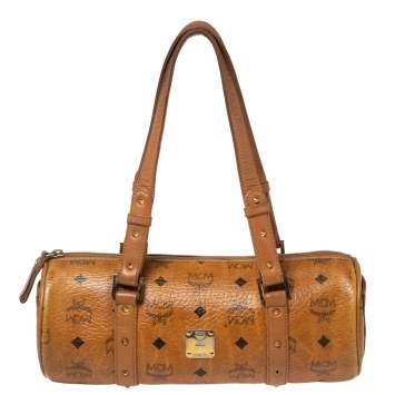 Pre Owned MCM Cognac Visetos Coated Canvas and Leather Essential Barrel Bag