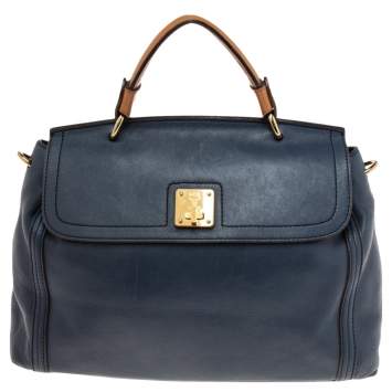 Pre Owned MCM Blue Leather Turn Lock Flap Top Handle Bag