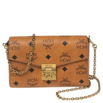 Pre Owned MCM Cognac Visetos Coated Canvas Patricia Wallet on Chain