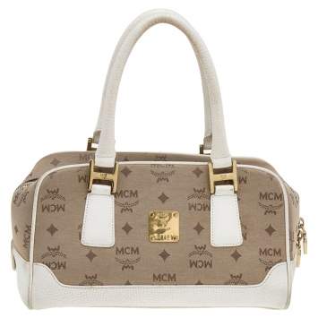 Pre Owned MCM Beige/White Visetos Canvas and Leather Satchel