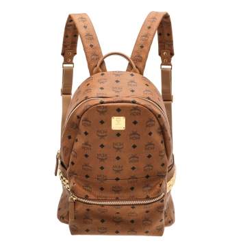 Pre Owned MCM Tan Coated Canvas And Leather Studded Stark Backpack