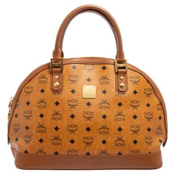 Pre Owned MCM Cognac Visetos Coated Canvas and Leather Dome Satchel