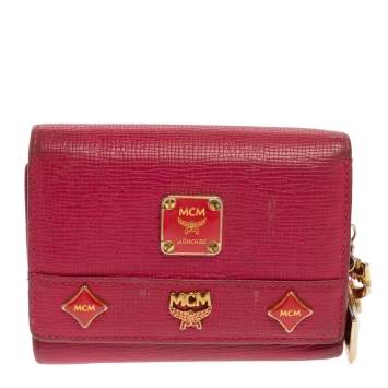 Pre Owned MCM Pink Leather Studded Charm Trifold Wallet