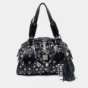 Pre Owned MCM Black Patent Leather Studded Fringe Satchel