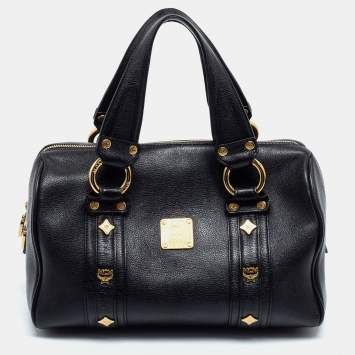 Pre Owned MCM Black Leather Vintage Studded Logo Motifs Boston Bag