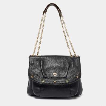 Pre Owned MCM Black Leather Chain-Link Shoulder Bag