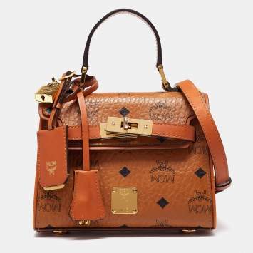 Pre Owned MCM Cognac Visetos Coated Canvas and Leather Mini Heritage Top Handle Bag