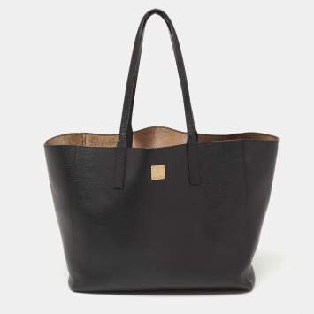 Pre Owned MCM Black/Gold Leather Open Reversible Tote