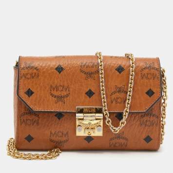 Pre Owned MCM Cognac Visetos Coated Canvas Patricia Wallet on Chain