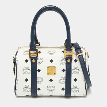 Pre Owned MCM White/Navy Blue Visetos Coated Canvas and Leather Boston Bag