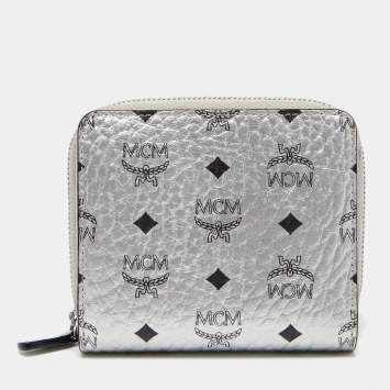 Pre Owned MCM Metallic Silver Coated Canvas Visetos Zip Compact Wallet