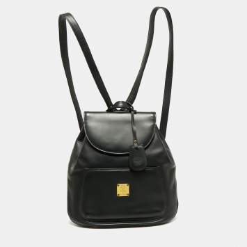 Pre Owned MCM Black Leather Front Pocket Flap Backpack