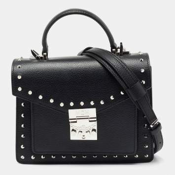 Pre Owned MCM Black Leather Patricia Studded Top Handle Bag