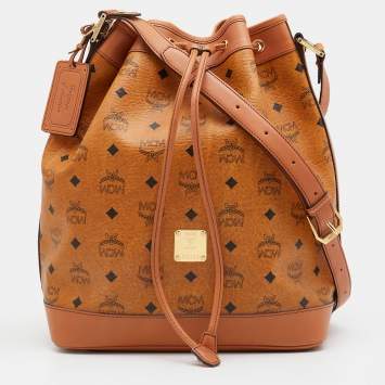 Pre Owned MCM Cognac Visetos Coated Canvas and Leather Heritage Drawstring Bucket Bag