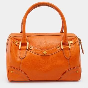 Pre Owned MCM Orange Grained Leather Boston Bag