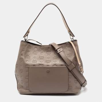 Pre Owned MCM Grey Monogram Leather Shoulder Bag