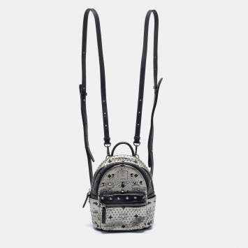 Pre Owned MCM  Silver/Black Monogram Leather Crystal Studded Backpack