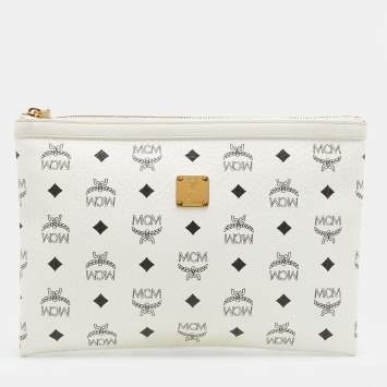 Pre Owned MCM White Vistos Coated Canvas And Leather Top Zip Pouch