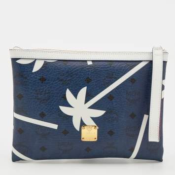 Pre Owned MCM Blue/White Printed Coated Canvas Zip Wristlet Clutch