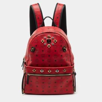 Pre Owned MCM Red Visetos Leather Stud Stark Backpack
