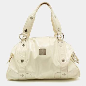 Pre Owned MCM Cream Crinkled Patent Leather Satchel