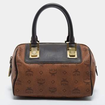 Pre Owned MCM BLack/ Cognac Visetos Coated Canvas and Leather Tote