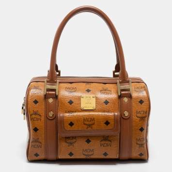 Pre Owned MCM Cognac Visetos Coated Canvas and Leather Front Pocket Boston Bag