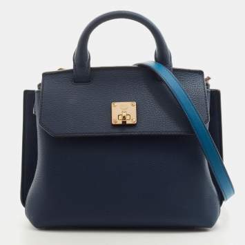 Pre Owned MCM Blue Leather Milla Flap Top Handle Bag