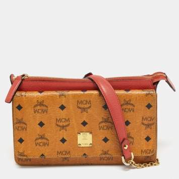 Pre Owned MCM Tan/Orange Visetos Coated Canvas and Leather Chain Crossbody Bag