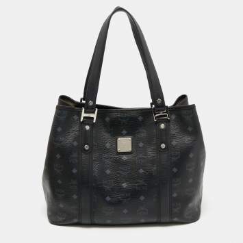 Pre Owned MCM Black Visetos Coated Canvas and Leather Tote