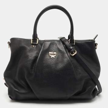 Pre Owned MCM Black Monogram Leather Top Zip Tote