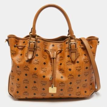 Pre Owned MCM Brown Cognac Visetos Coated Canvas Drawstring Bucket Bag