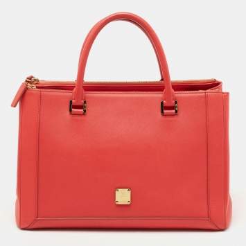 Pre Owned MCM Coral Orange Leather Large Nuovo Tote