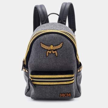 Pre Owned MCM Grey/Black Felt Fabric and Leather Large Stark Loden Backpack