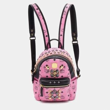Pre Owned MCM Pink/Black Visetos Coated Canvas and Leather Mini Stark Side Studs Backpack