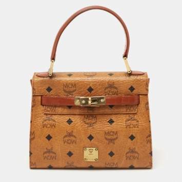 Pre Owned MCM Cognac Visetoes Coated Canvas Heritage Top Handle Bag