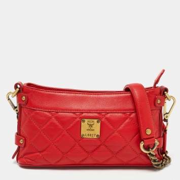 Pre Owned MCM Red Quilted Leather Chain Shoulder Bag