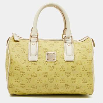 Pre Owned MCM Lime/White Visetos Coated Canvas and Leather Boston Bag