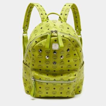 Pre Owned MCM Neon Green Visetos Coated Canvas and Leather Large Stark Backpack