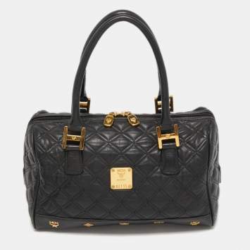 Pre Owned MCM Black Quilted Leather Embellished Boston Bag